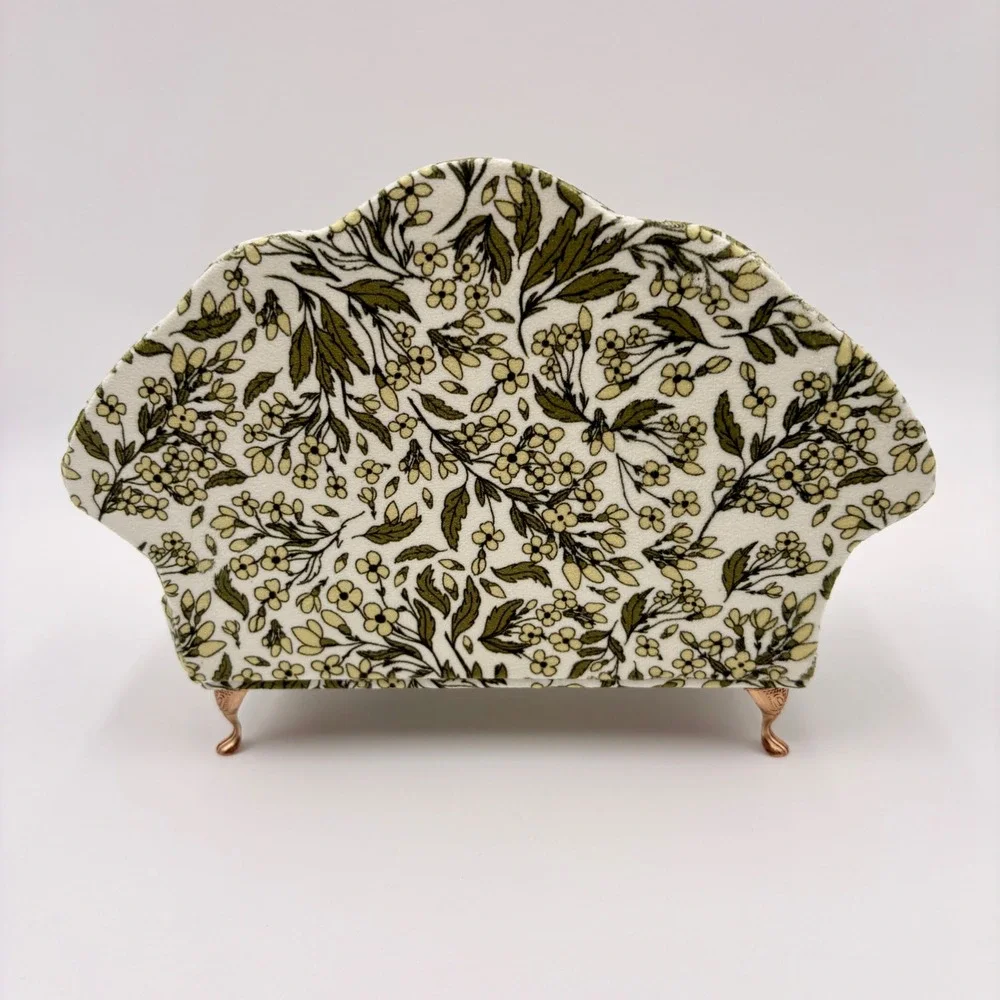 Miniature Floral Green Sofa Jewelry Box Mirror Ring Organizer Gold Legs Cream
